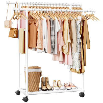 Sakugi Double Rod Clothing Rack with Shelf & Wheels, 98x42x150cm, White