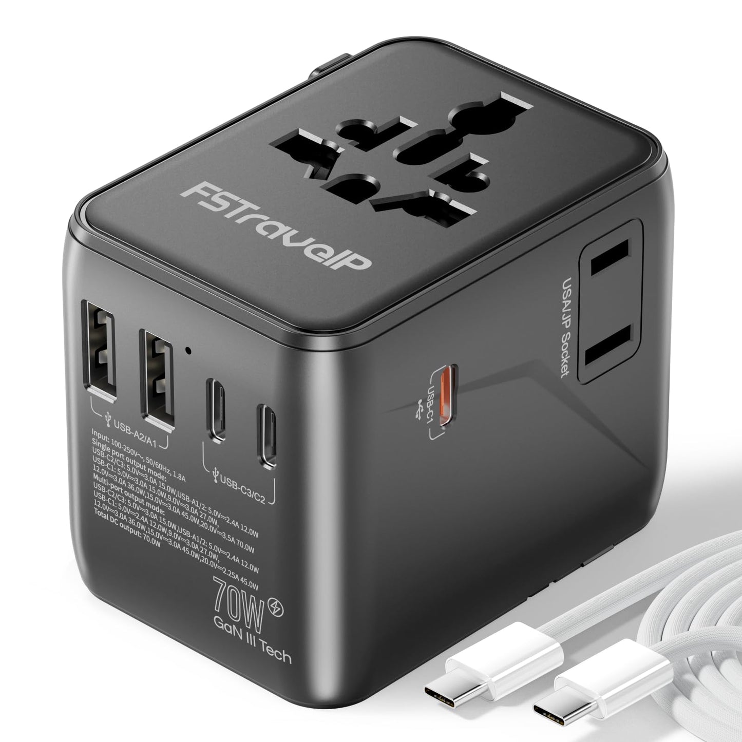 Universal Travel Adapter 70W Fast Charge, Travel Plug Adapter Worldwide with 5 USB Ports (2 USB C), Universal Plug Adaptor UK to World, Dual10A Fuses