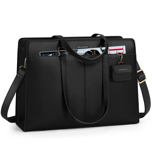 RAINSMORE Laptop Bag for Women 15.6 Inch Work Tote Bags Waterproof PU Leather Handbag Shoulder Bags Business Office School Briefcase Black