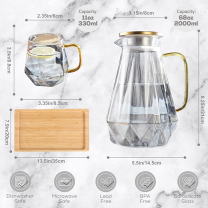 DUJUST Black Diamond Glass Pitcher with 4 Cups, 1 Tray, Elegant Design Water Pitcher with Handle, Decoration for Room, High Durability Water Glass