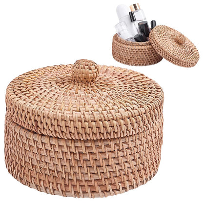 WADORN Round Rattan Storage Box with Lid, Handmade Woven Storage Basket Natural Multi-Purpose Wicker Rattan Basket Small Decorative Baskets Box for