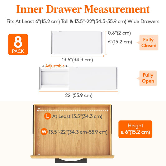 Lifewit 8 Pack Drawer Dividers Plastic 6" High, 13.5-22" Adjustable Drawer Organisers for Clothes, Expandable Dresser Separators in