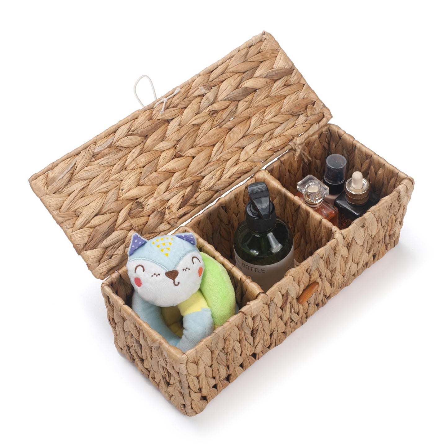 Wicker Bathroom Basket with Lid, Water Hyacinth Toilet Tank Basket with 3 Compartments, Woven Storage Box for Bathroom Organizer (33.5 x 13 x 11.5 cm)
