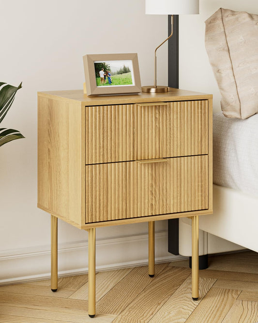 HEYZOEY Bedside Table, Small Bedside Tables with 2 Drawers, Wooden Nightstand with Gold Legs, Mid-Century Modern Bed Side End Table for Bedroom,