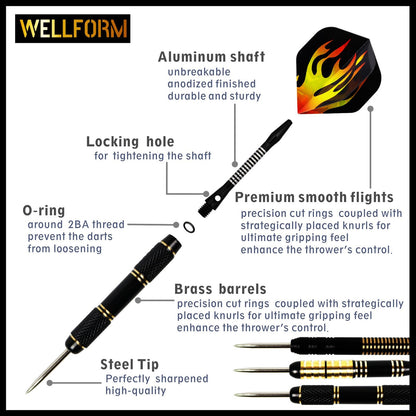 WELLFORM Darts Metal Tip Set, Steel Tip Darts Set 22g and 28g Professional Darts for Dartboard with Darts Guide and Darts Case, Aluminum Shafts, Brass