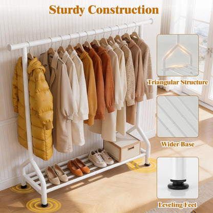EAGMAK Metal Clothes Rail with Shelf for Hanging Clothes, Sturdy Freestanding Clothes Hanging Rail for Wardrobe & Bedroom Clothing Storage, White
