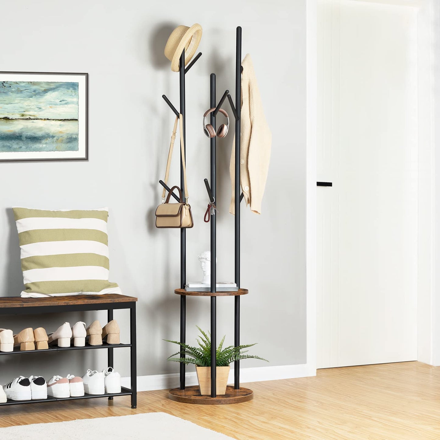 HOOBRO Coat Stand, Coat Rack for Hallway, Freestanding Coat Rack Stand with 8 Hooks, Storage Shelves, Hall Trees for Clothes, Rustic Brown EBF33YM01