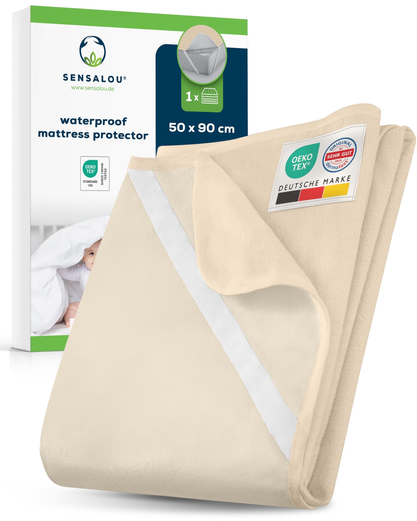 Sensalou Waterproof Mattress Protector 50 x 90 cm Beige – Mattress Cover for Bed and Baby Cot