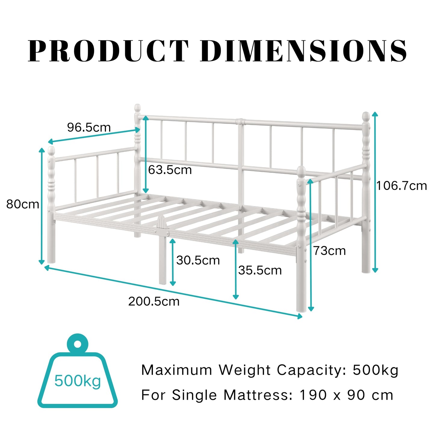 QFtime Single Metal Day Bed Frame - Day Bed Frame with Headboard and Steel Slat Support Underbed Storage Easy Assembly, Noise Free White