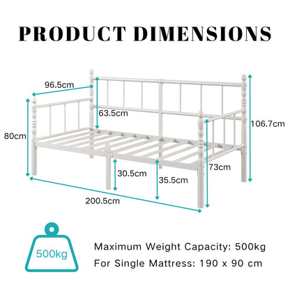 QFtime Single Metal Day Bed Frame - Day Bed Frame with Headboard and Steel Slat Support Underbed Storage Easy Assembly, Noise Free White