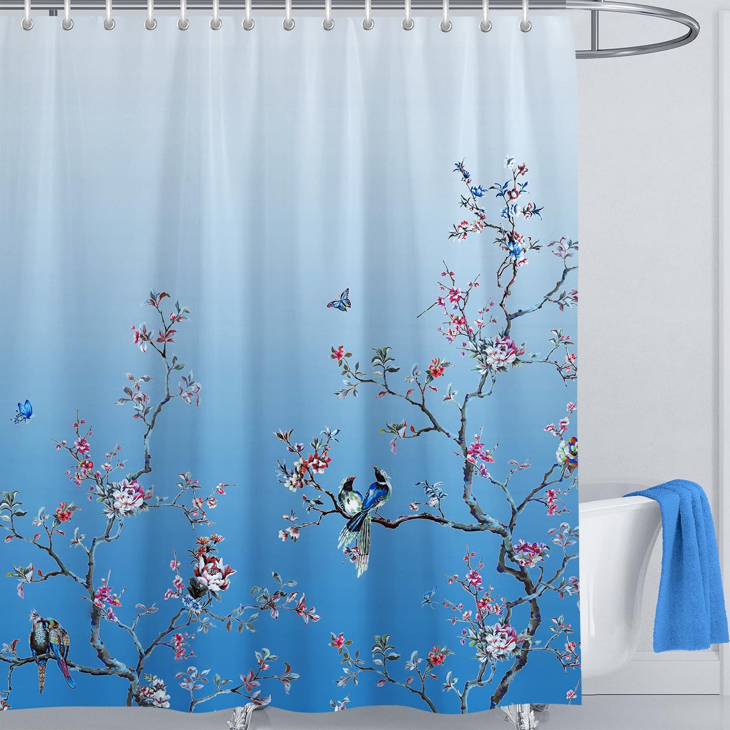 LIVETTY Shower Curtains Ombre Blue Bird Shower Curtain 180cm ? 180cm Drop Floral Butterfly Fabric Bathroom Curtain Mould Proof Spring Washable Shower