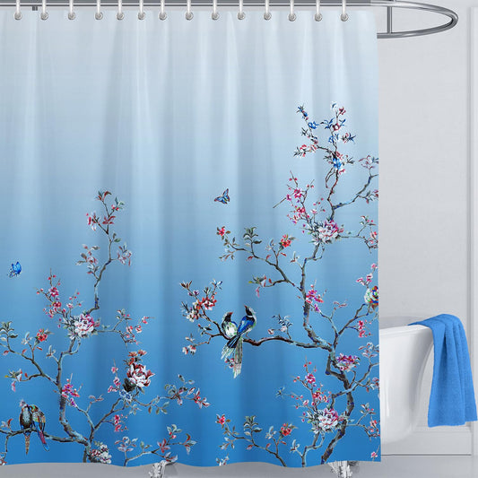 LIVETTY Shower Curtains Ombre Blue Bird Shower Curtain 180cm ? 180cm Drop Floral Butterfly Fabric Bathroom Curtain Mould Proof Spring Washable Shower