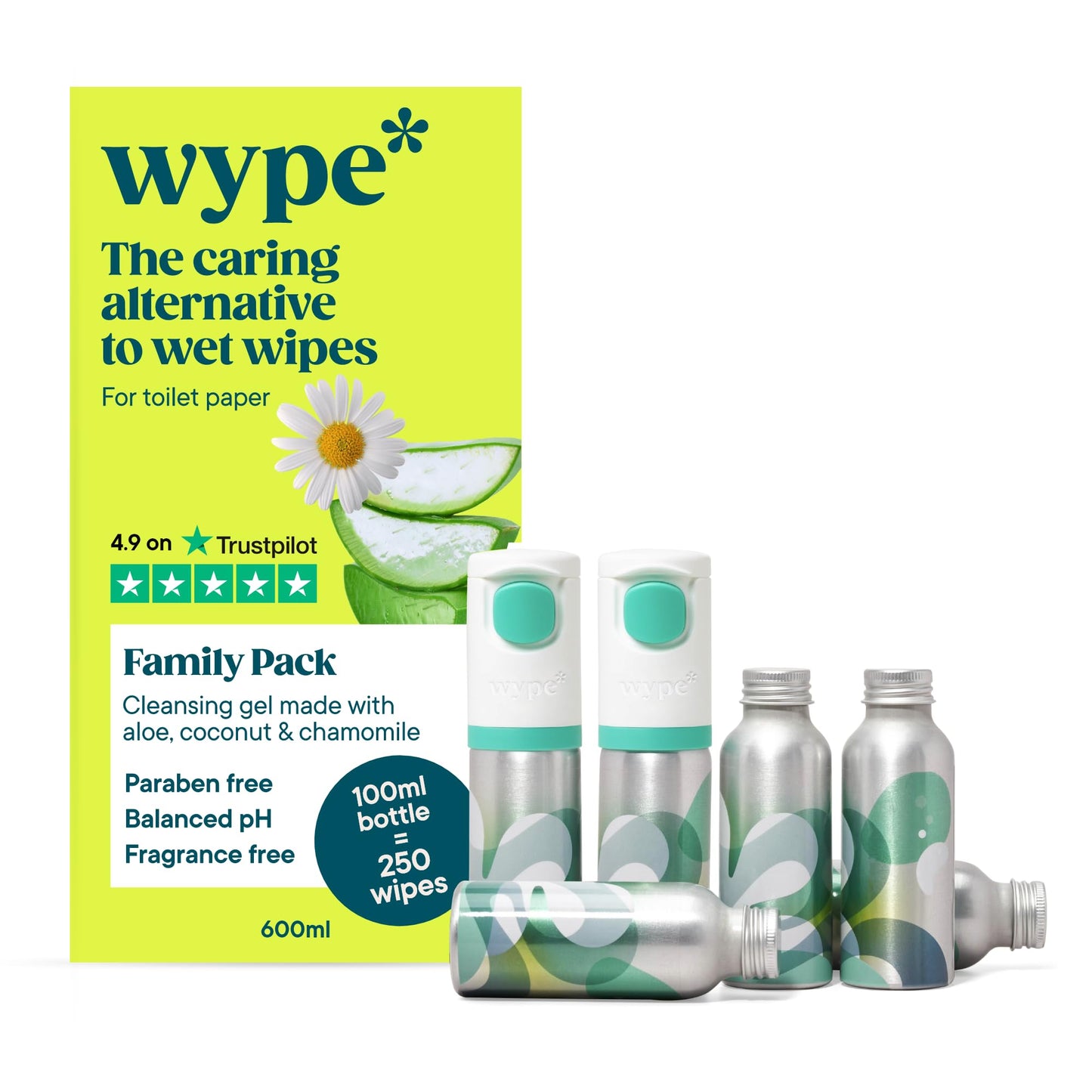 Wype | Family Bundle | Toilet Roll Gel | Flushable Wet Wipe Alternative | COSMOS Organic | 2 x Applicator + 6 x Refills (100ml) | 1500 Wipes