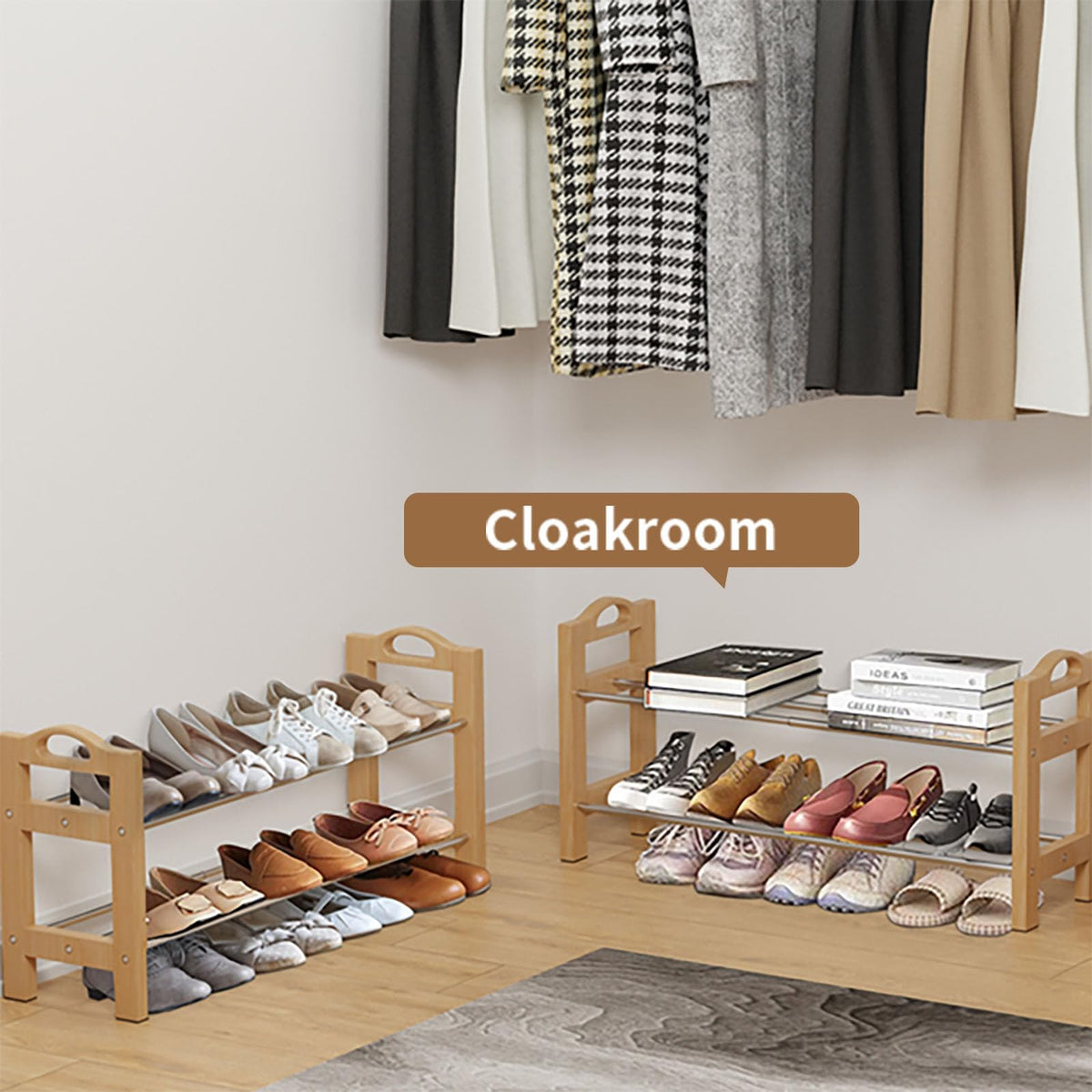 LEMIKKLE Shoe Rack, Oak Wooden Shoe Storage Rack, 2 Tier Stainless Steel Expandable Design, Ideal for Small Shoe Rack for Narrow Space