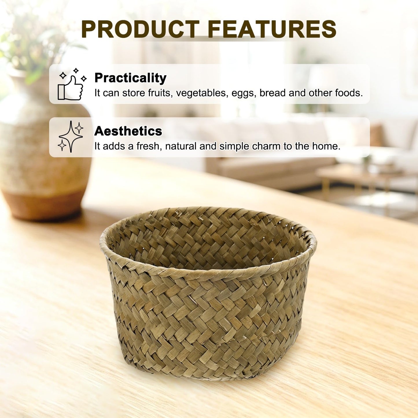 M METERXITY 2-Pack Natural Seagrass Woven Storage Basket, 12cm x 6.5cm Small Round Storage Seaweed Woven Sundries Baskets for