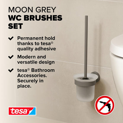 tesa MOON GREY Toilet Brush Set, with holder and toilet brush, matt grey, satin glass - for industrial style and modern bathrooms - drill-free