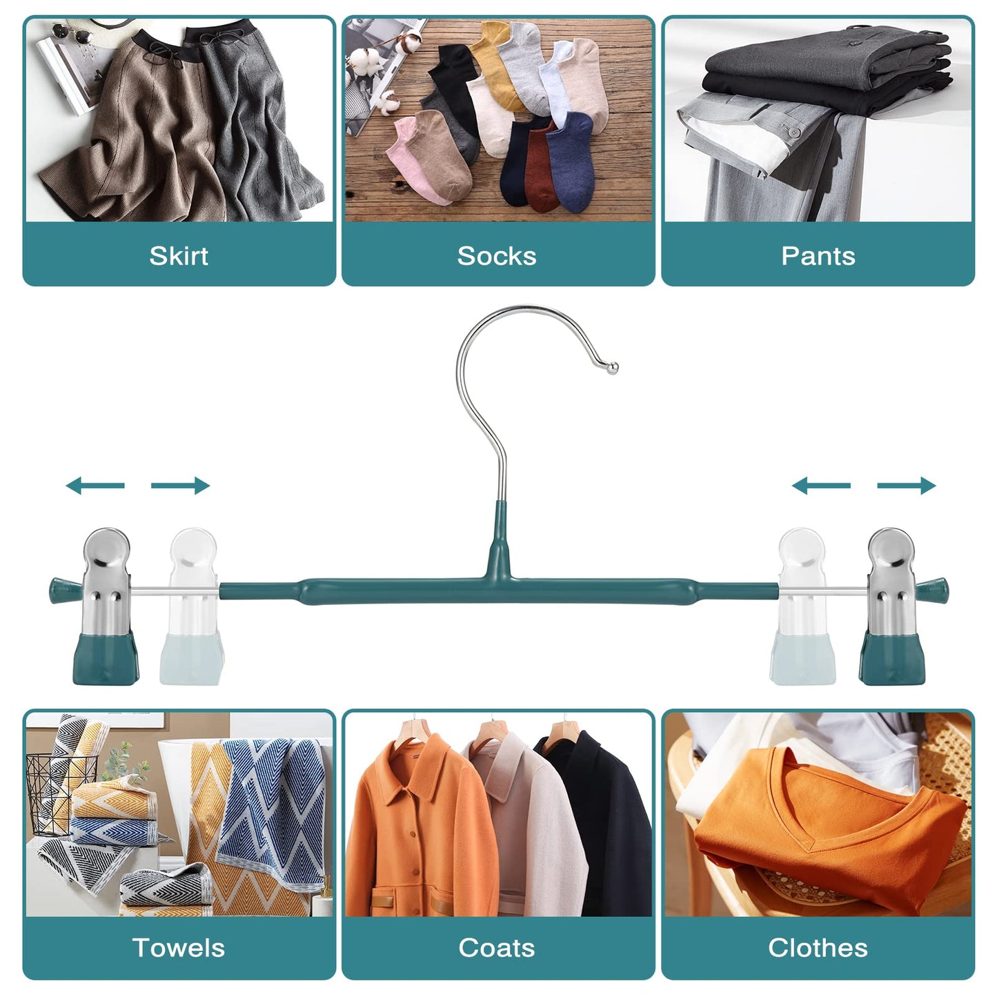 GUANJUNE Thin Trouser Hangers with Adjustable Clips, Space Saving Non-Slip Pant Hangers for Clothes, Skirt, Jeans, Coat (Dark Green, 10)