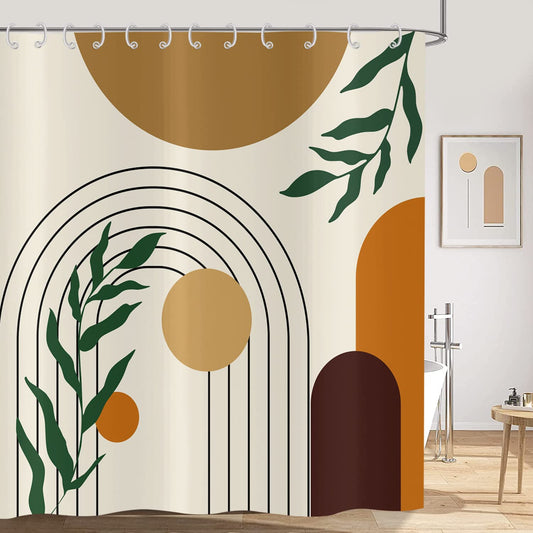 Hnmdmyi Boho Shower Curtain 180x180, Mid Century Abstract Green Leaf Arch Sun Beige Bathroom Curtains Modern Minimalist Geometric Aesthetic Art