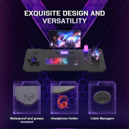 JUMMICO 100x50cm Gaming Desk, Carbon Fiber Surface, Headset Holder & 2 Cable Management Holes, Black Metal Frame Computer Table
