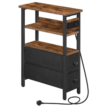 HOOBRO Side Table with Charging Station, Narrow Side Table with 2 Non-Woven Drawers, USB Ports and Power Outlet