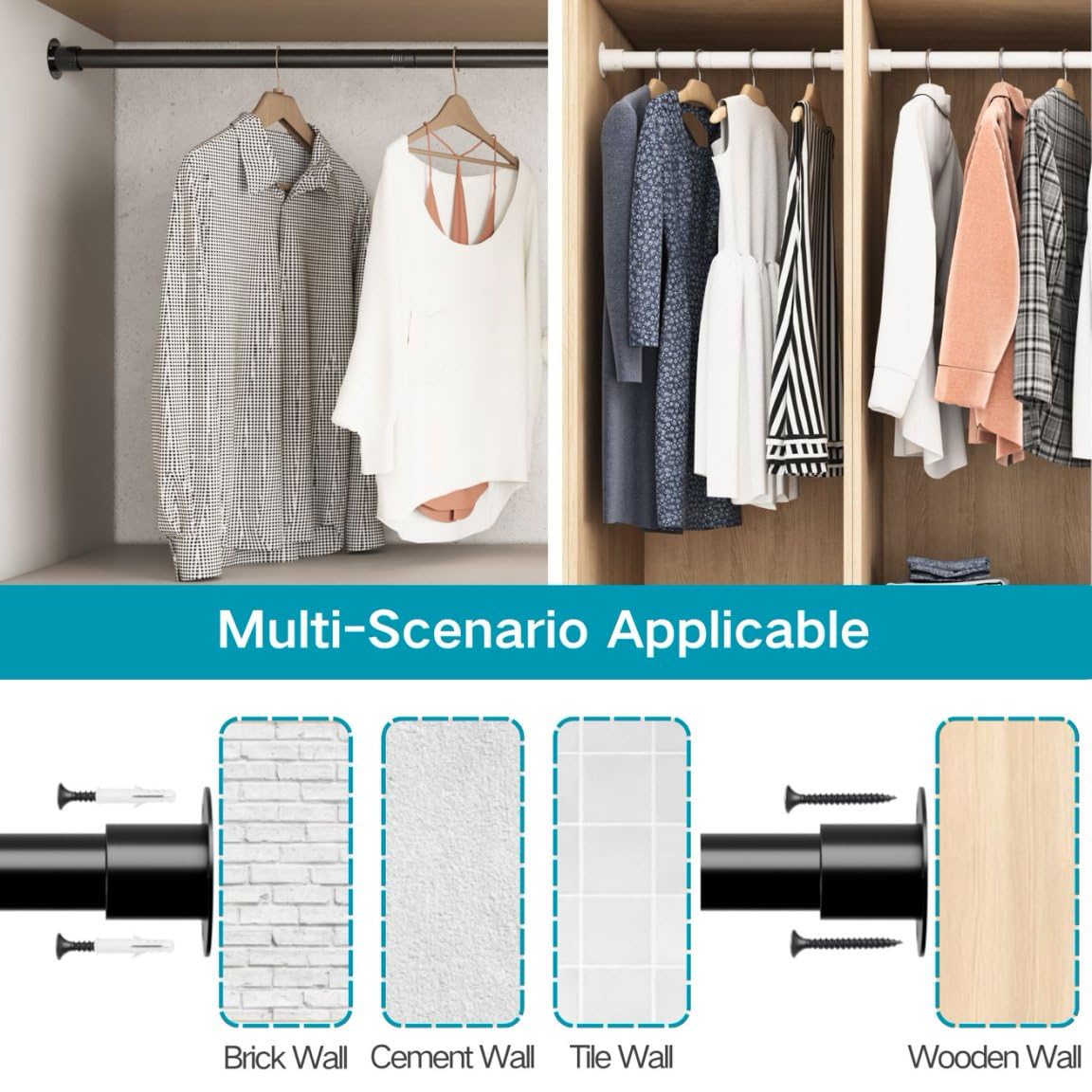 Wardrobe Rail, Extendable Clothes Rail Wall Mounted Wardrobe Hanging Rail for Clothes, Bedroom,Windows and Showers, 45-68CM/Diameter 25MM，White