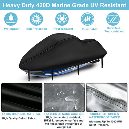 Jetski Covers 3 Seater, Upgraded Heavy Duty 420D Waterproof Motorboat Cover with 2 Air Vent Marine Grade UV Resistant for Seadoo,Kawasaki,Waverunner