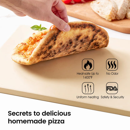 ROCKSHEAT Pizza Stone Set, 30 x 38cm Rectangular Pizza Stone for Oven Grill BBQ with Wooden Pizza Peel & Oven Mitts, Durable Cordierite Baking Stone
