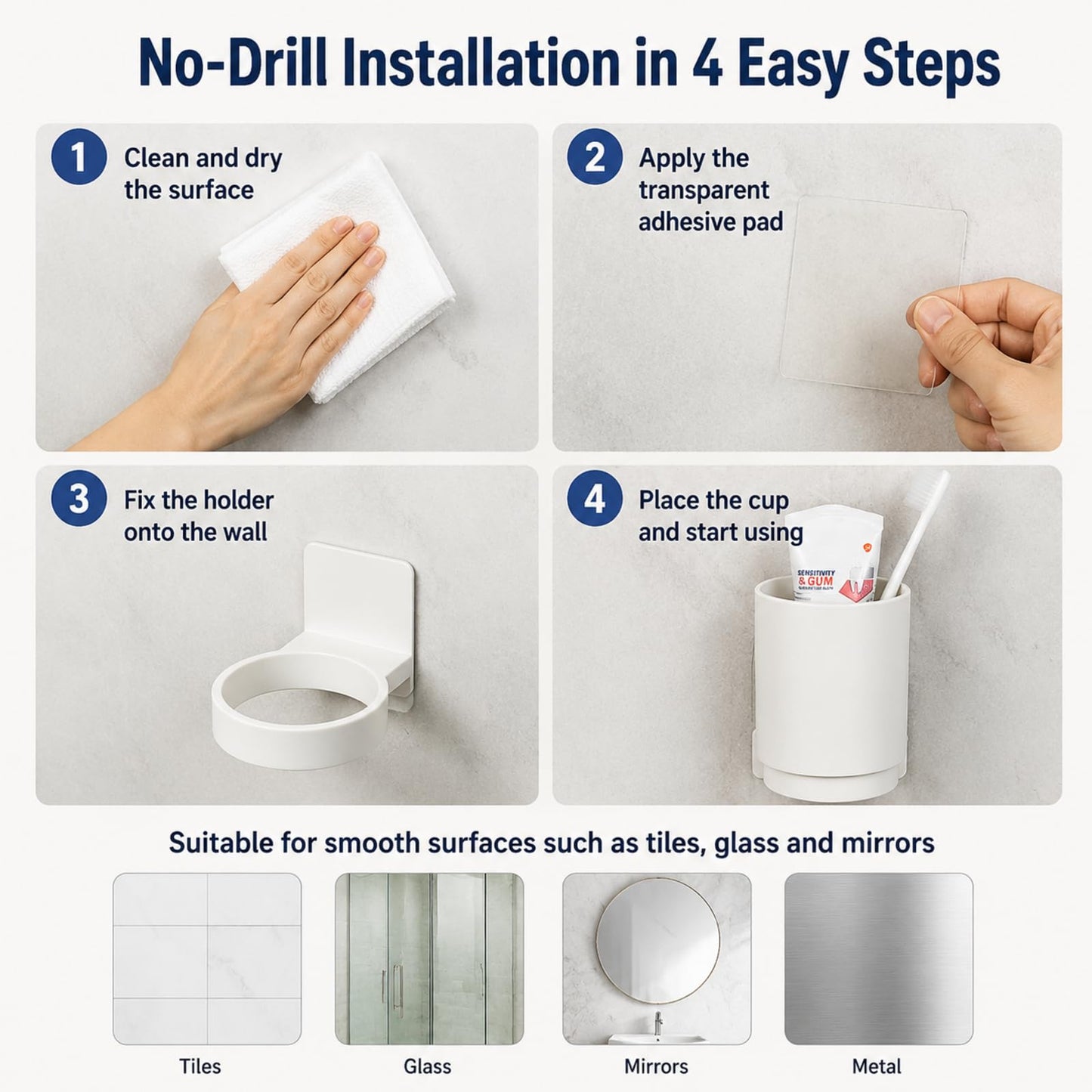 Wall Mounted Toothbrush Holder with Removable Cup, Self Adhesive Bathroom Toothbrush Cup Holder, No Drill Tooth Brushing Cup