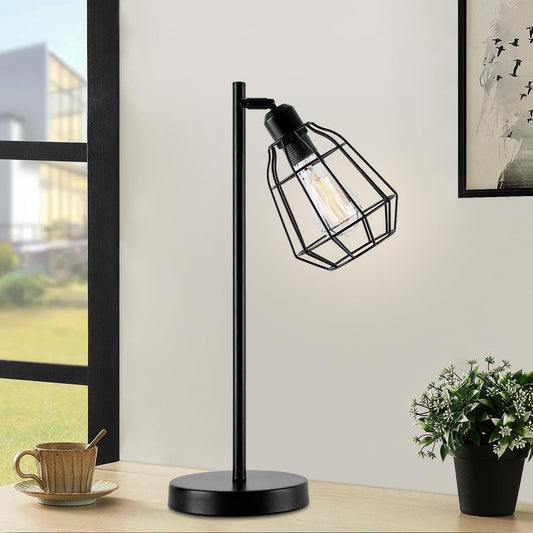 HARPER LIVING Plug in Table Lamp, Caged Bedside Table Light with Switch, E27 Cap, Reading Desk Lamp Black Vintage Finish, Ideal for Living Room,