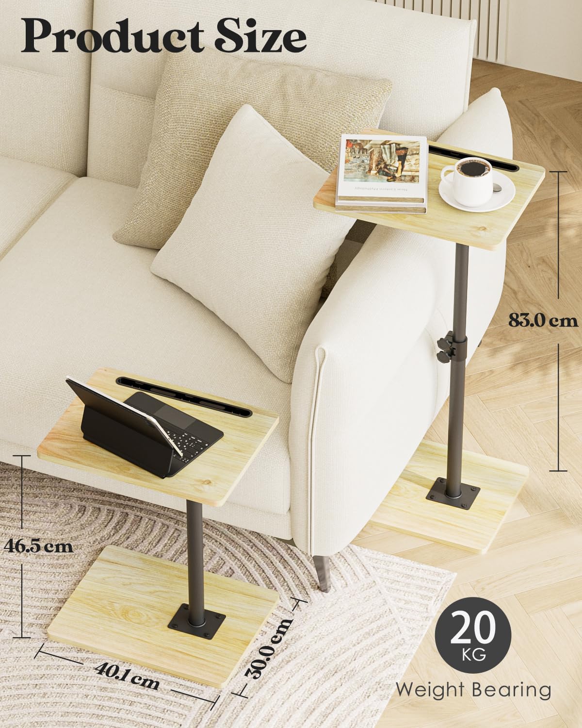 Apetaccat Side Table, C-Shaped Adjustable Sofa Table, 360°Swivel Coffee Tables,40x30x(45-83) cm,Small End Tables Bedside for Living Room