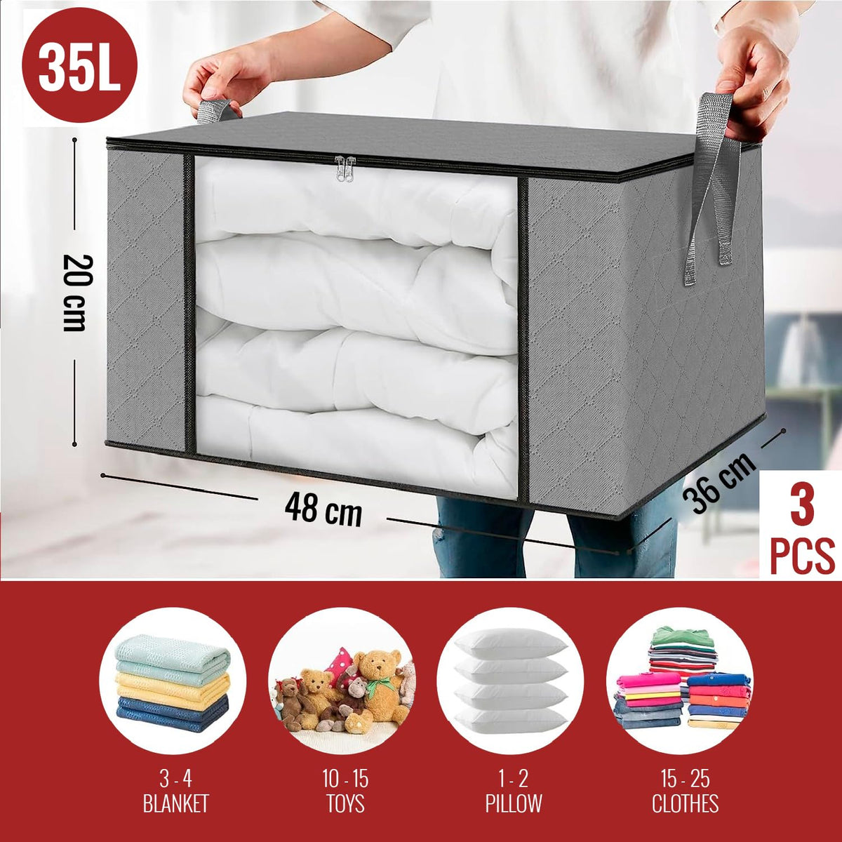 edihome, Clothes Storage Bag, (3 pieces), Wardrobe Organiser, with Reinforced Handles, Heavy Duty Cloth Pouches with Transparent Window
