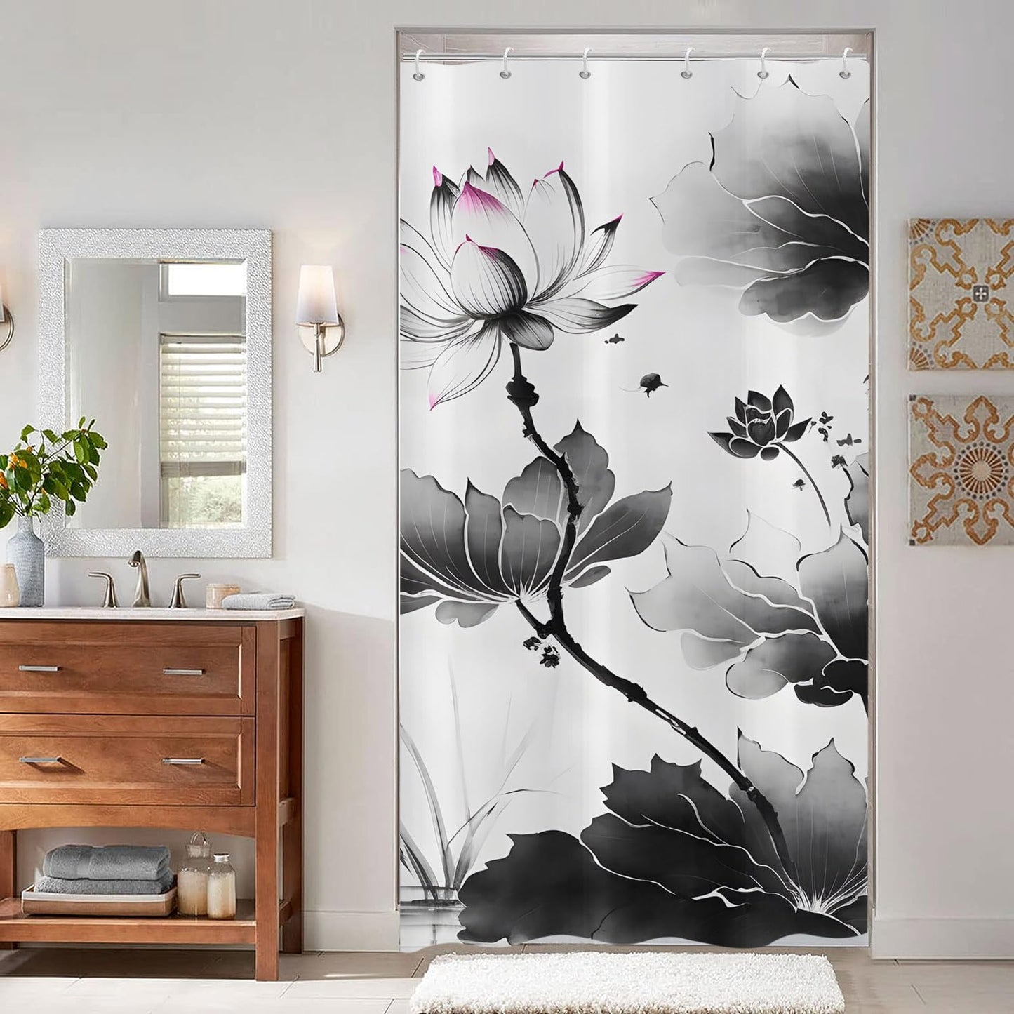 ASDCXZ Narrow Shower Curtain 90x180 cm, Modern Art Lotus Lotus Leaf Landscape Painting Grey Bath Washable Shower Curtains Polyester Textile Waterproof