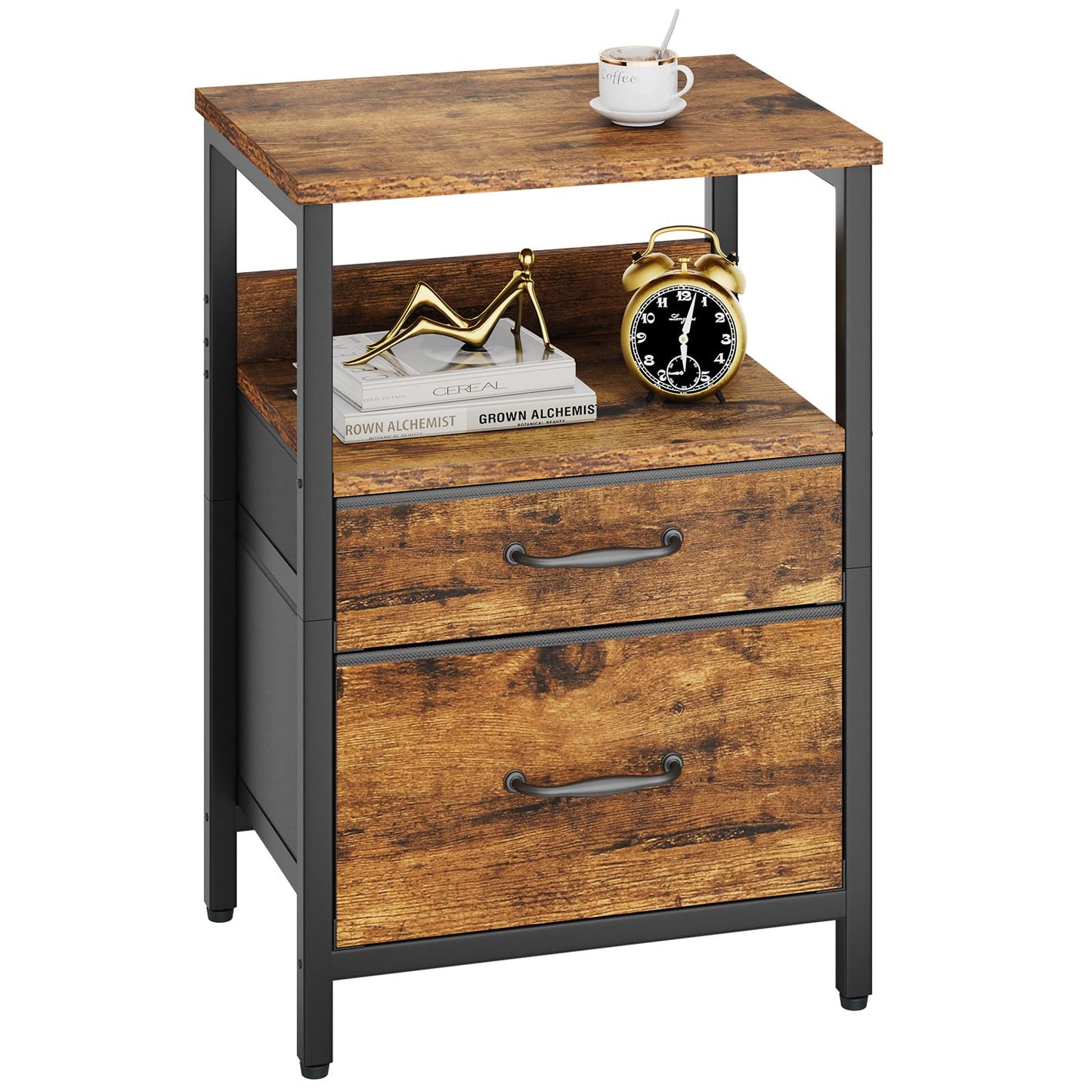 YMYNY Bedside Table, Bedroom Bedside Cabinet with 2 Fabric Drawers, Open Shelf Unit, Metal Frame, Nightstand, End Table, Chest of Drawers, Storage