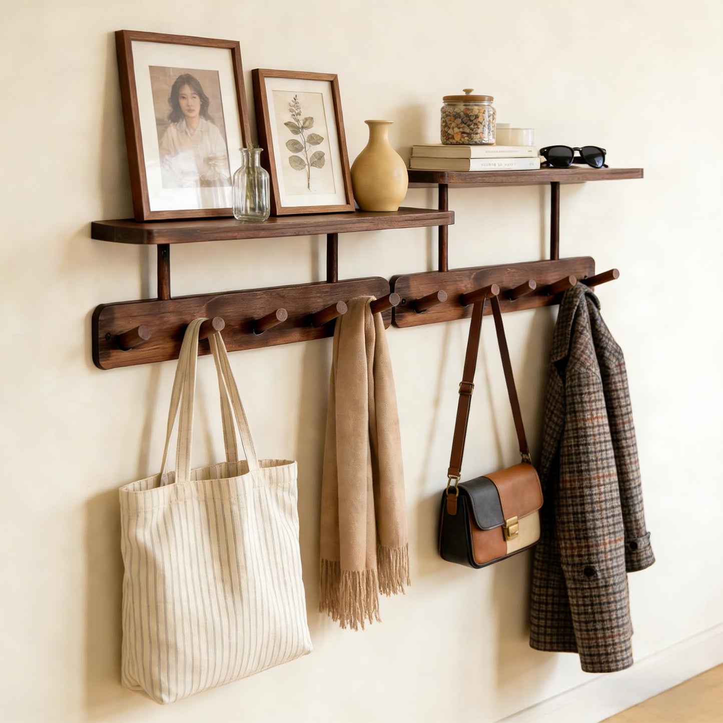 LEMIKKLE Pine Coat Hooks with Shelf, 2 Pack Coat Rack Wall Mounted