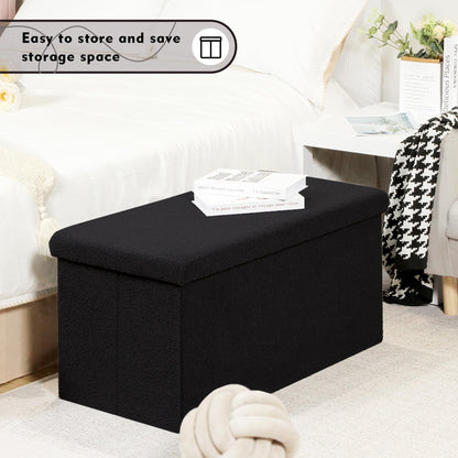 Bonlife Ottoman Bench,Large Toy Storage Box with Lid,Folding Footstool with Storage for Living Room,Hallway,Boucle Fabric,Black,80x40x40cm
