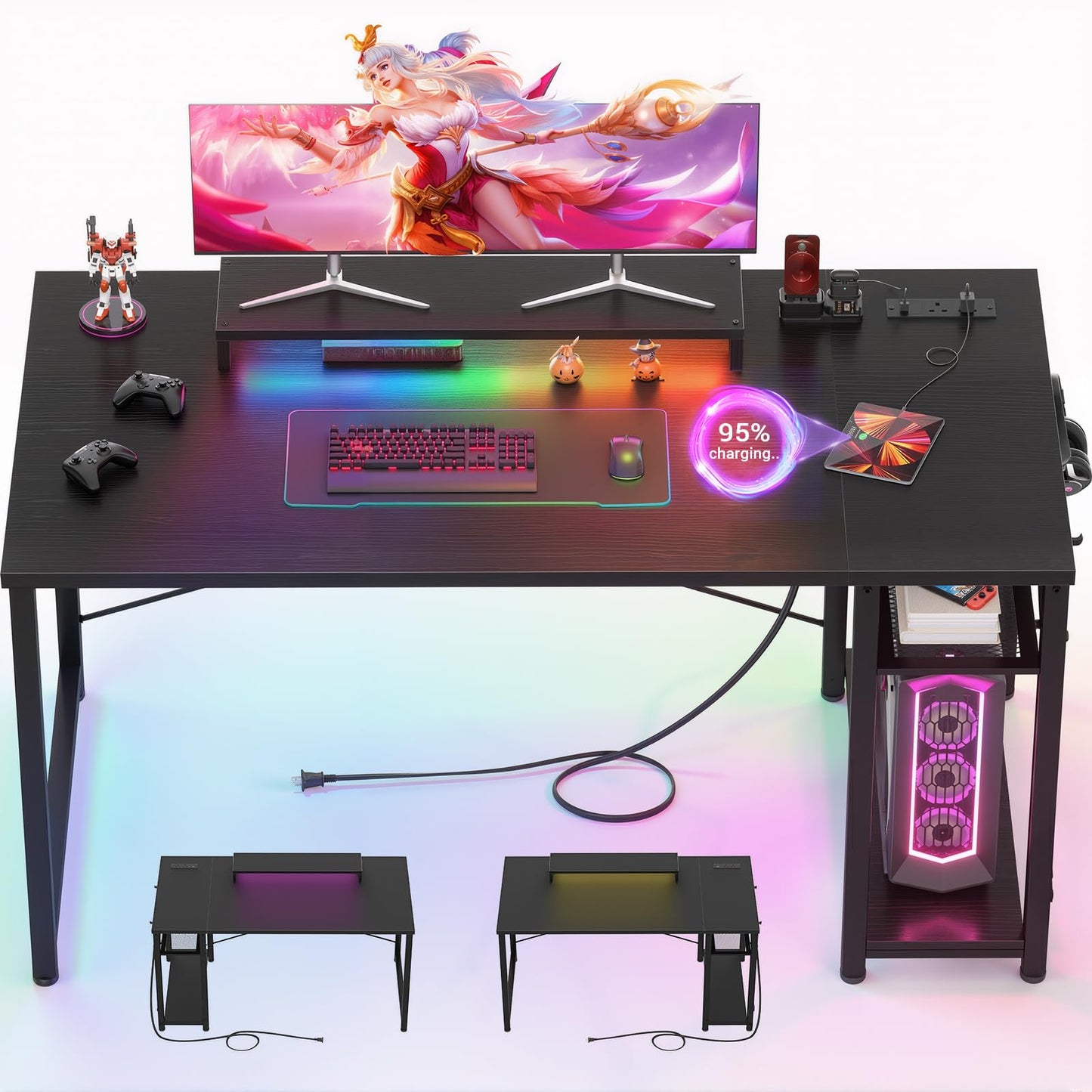 iSunirm 47 inch Gaming Desk with Power Outlets & LED Lights, Black Computer Desk with Ergonomic Monitor Stand