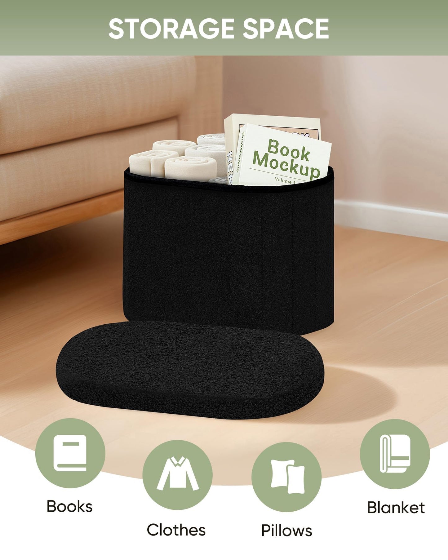 Bonlife Small Ottoman Storage Stool, Folding Boucle Footstool with Lid,41cm