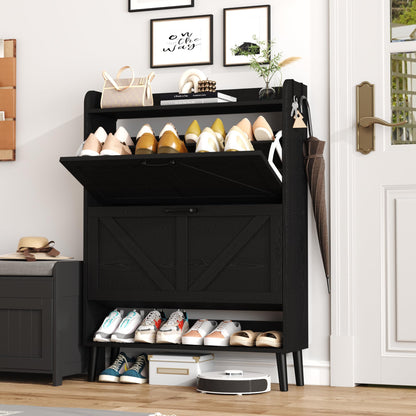 HOME BI Farmhouse Shoe Cabinet with Two Flip Drawers,3-Tier Shoe Storage Organizer with Open Shelf & Top Display,Freestanding Narrow Hidden Shoe Rack