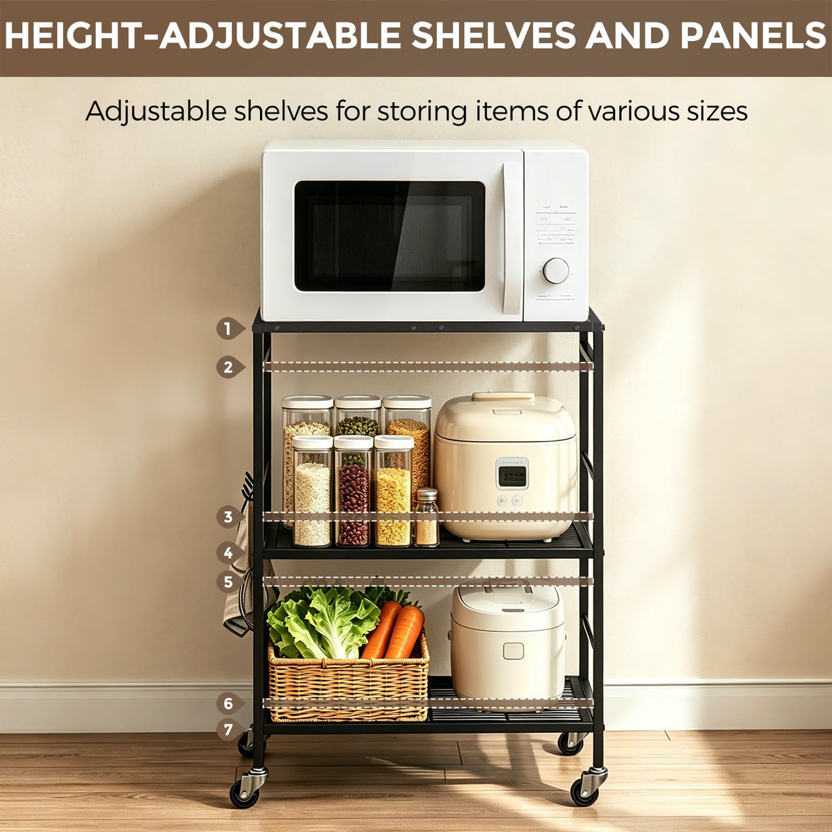 3-Tier kitchen trolley,Black Wood Top,60W×40Dcm,4 Hooks, Adjustable Shelves