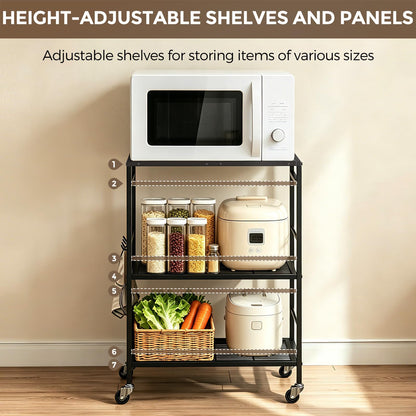 3-Tier kitchen trolley,Black Wood Top,60W×40Dcm,4 Hooks, Adjustable Shelves
