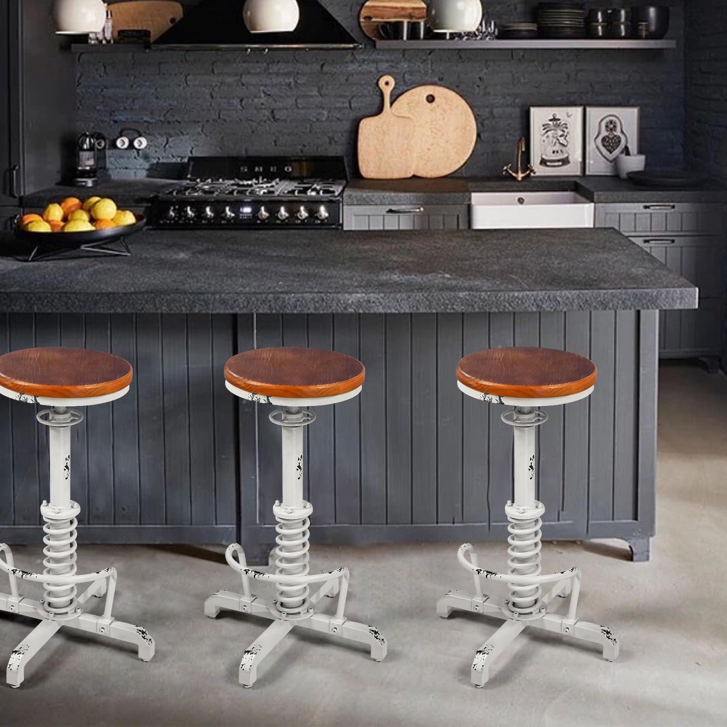 BOKKOLIK Vintage Industrial Bar Stool 24-28 Inch Height Adjustable Home Kitchen Gaming Chair Guitar Stool with Wooden Swivel Seat