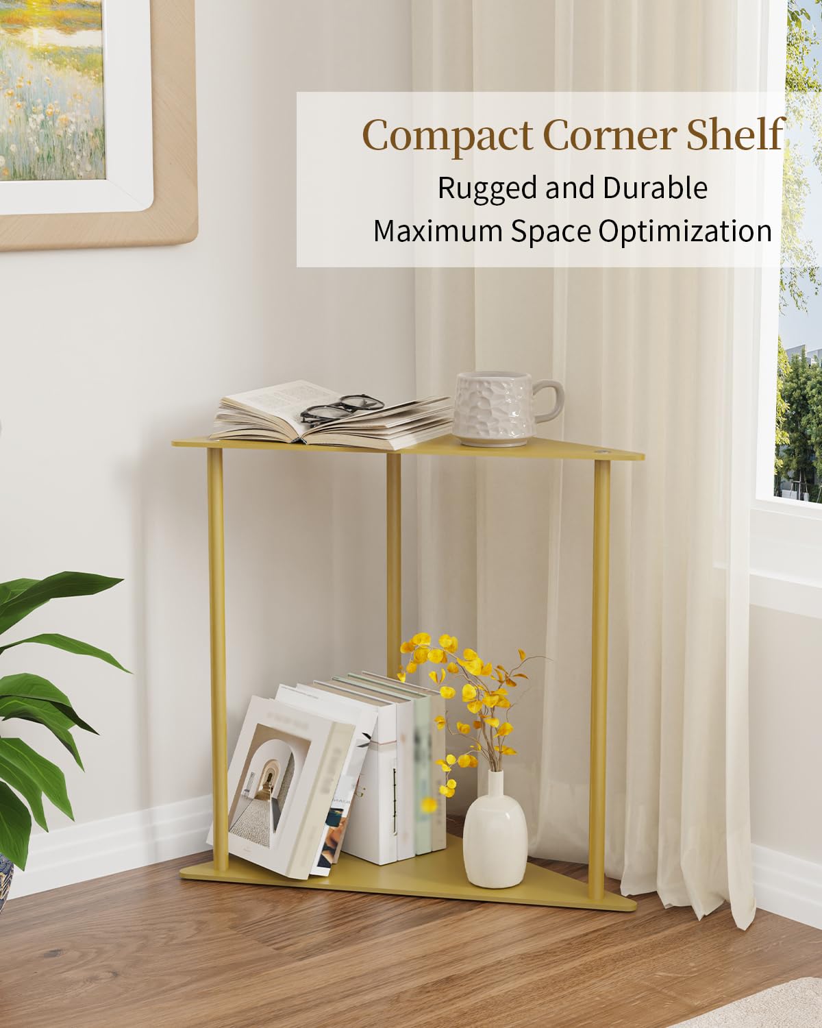 Yawinhe Triangle Metal Side Table,2-Tier Small Corner Table,Golden,1 Pack