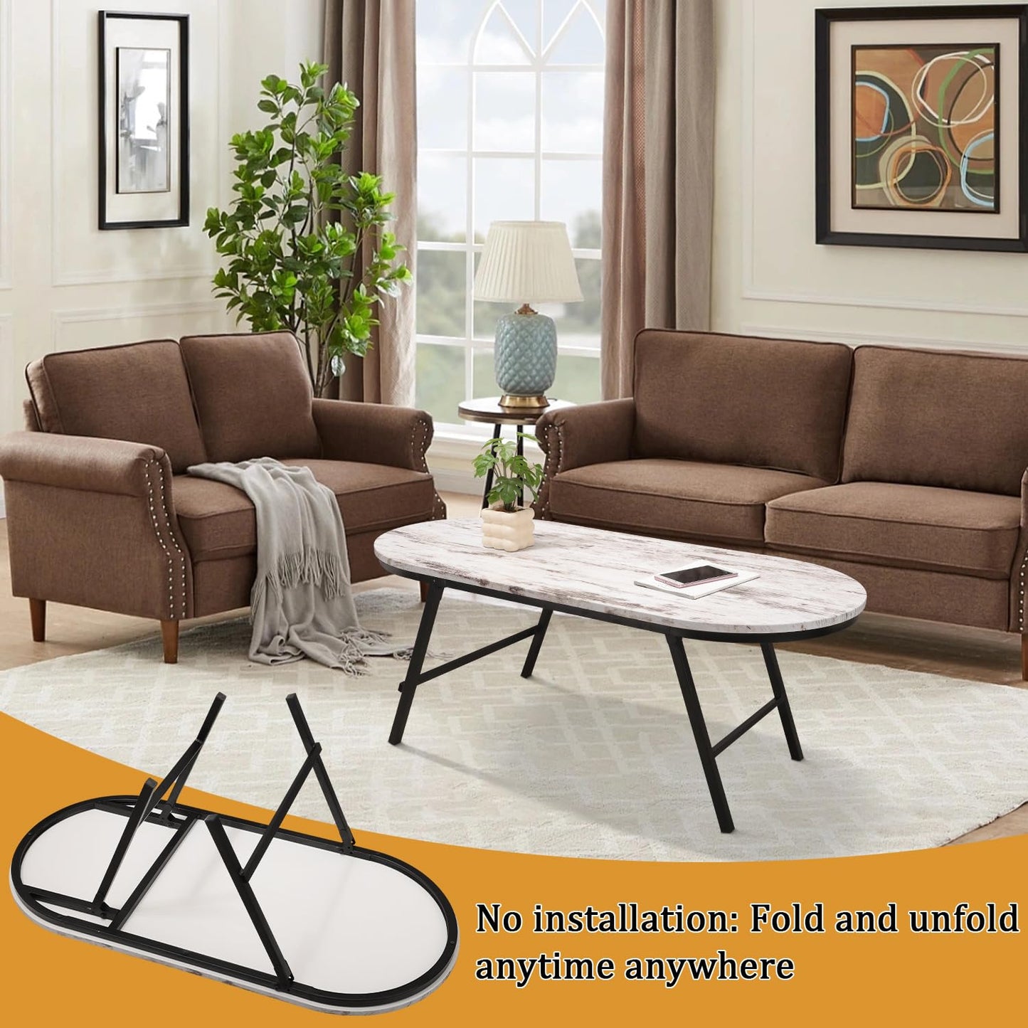 FEUFOAM Folding Small Coffee Table Wood Low Coffee Tables with Metal Legs Portable Oval Center Table Rustic Farmhouse Furniture for Living Room Small