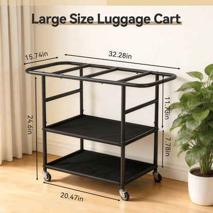 ikkle Luggage Rack for Guest Room, 3-Tier Heavy-Duty Suitcase Stands Mobile Luggage Stand with 2 Storage Shelf, Metal Luggage Holder for Guest Room