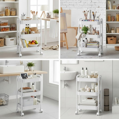 Nikphobos 3 Tier Storage Trolley, Metal Trolley Rolling Utility Cart on Wheels with Hooks, Multi-Purpose Organizer for Kitchen Bathroom Bedroom Office