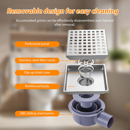Aartner Shower Drain Square Stainless Steel Floor Drain, 15 x 15 cm, Floor Drain Shower, Hair Filter, 2-in-1 Tileable Drain Channel, Shower Drain