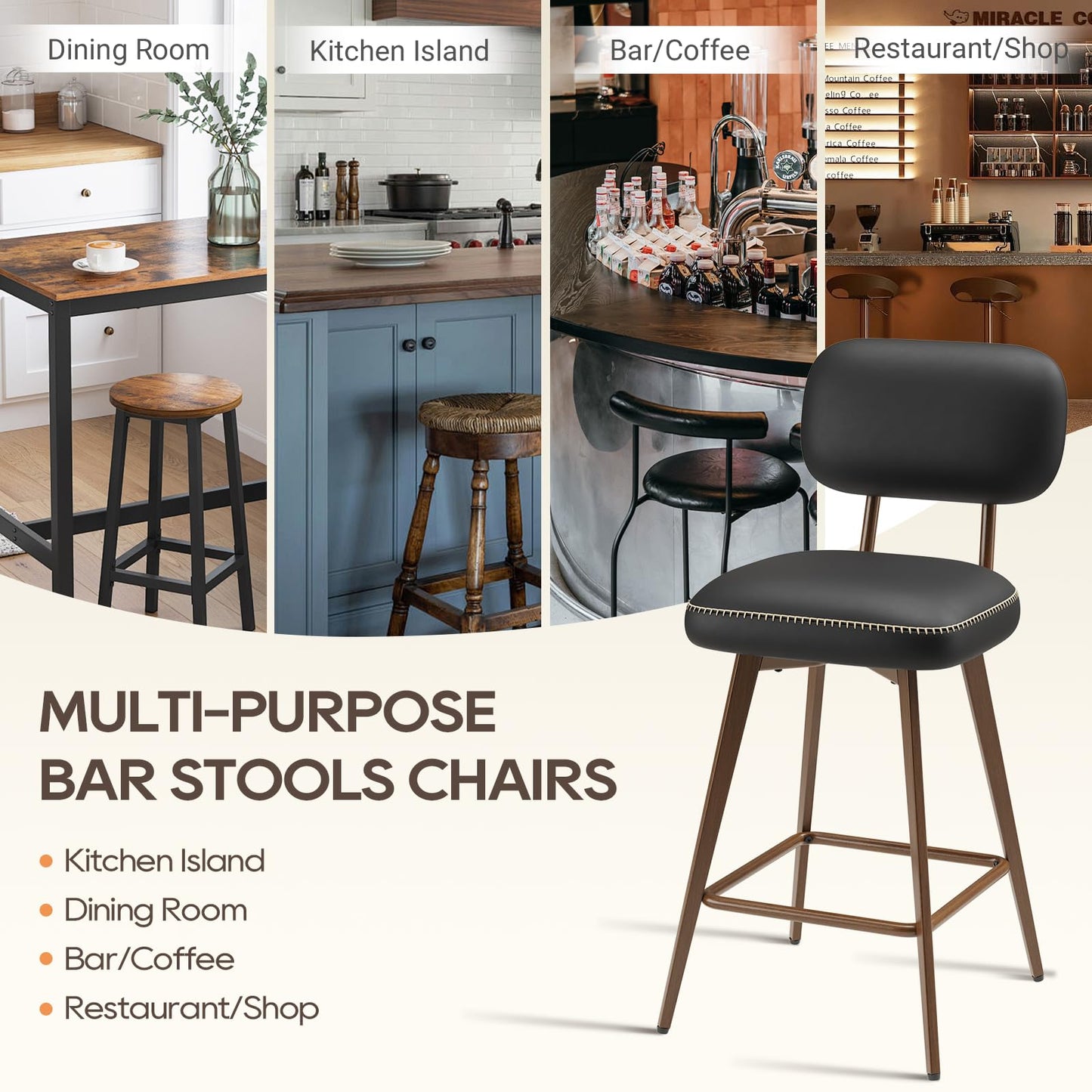 MALOL PU Leather Breakfast Bar Stools Set of 6, Swivel Kitchen Bar Chairs with Backrest and Metal Legs