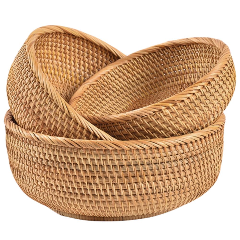Rattan Bread Basket, Hand Woven Fruit Basket, Wicker Serving Basket Bowl, Decorative Baskets for Kitchen Counter Organizing, Set of 3 (Round)