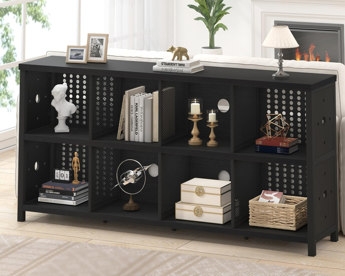 LVB Black Horizontal Bookshelf, Modern Cube Storage Organizer Bookcase, Industrial Wide Long Wood Metal Book Shelf