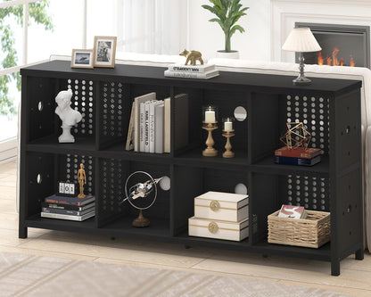 LVB Black Horizontal Bookshelf, Modern Cube Storage Organizer Bookcase, Industrial Wide Long Wood Metal Book Shelf